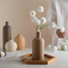 3 Piece Cylinder Vase Set – Rustic Ceramic Farmhouse Boho Centerpiece - Hurbane Home