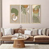 3 piece abstract wall art set in sage green with geometric wooden panels