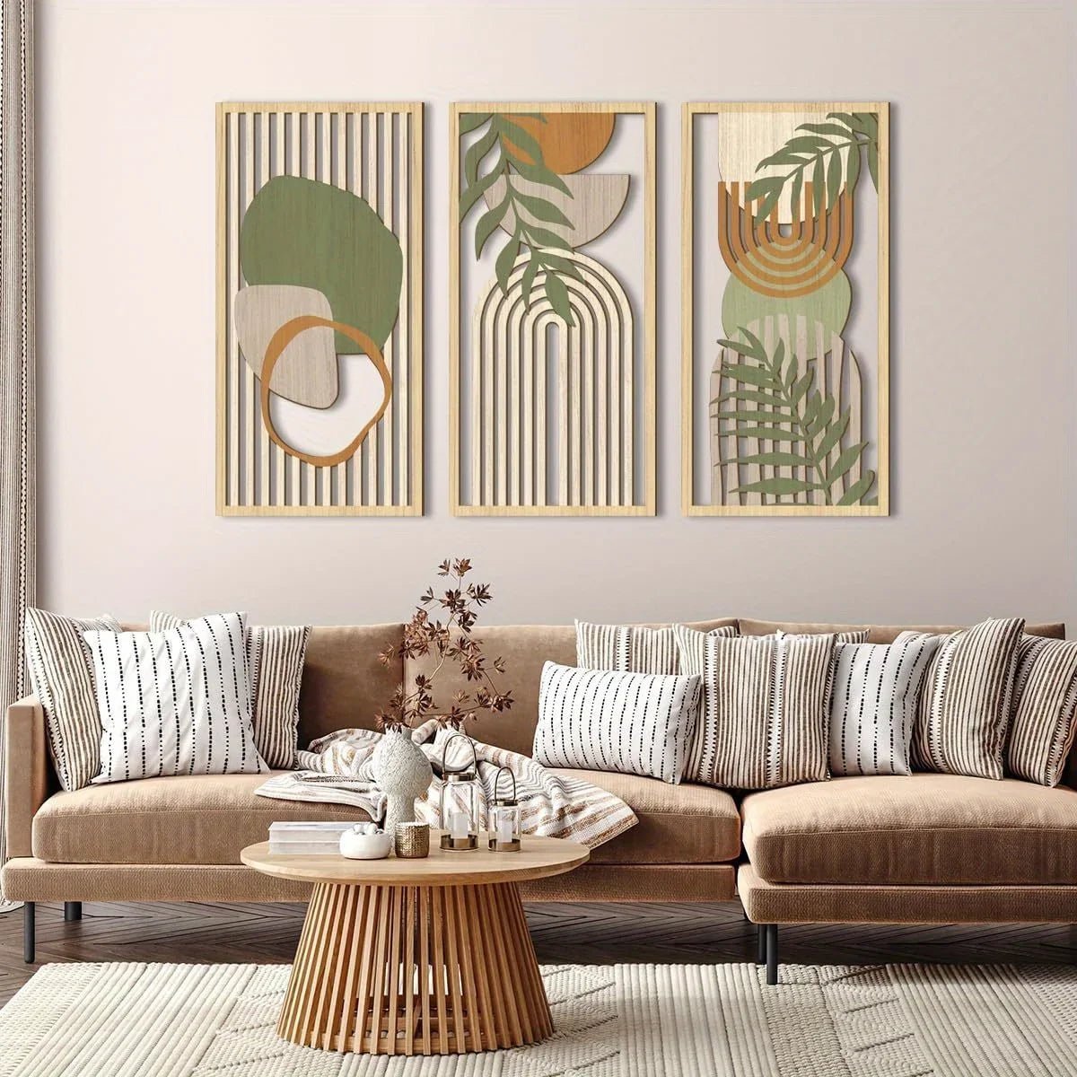 3 - Piece Sage Green Abstract Geometric Wooden Wall Art Set - Hurbane Home