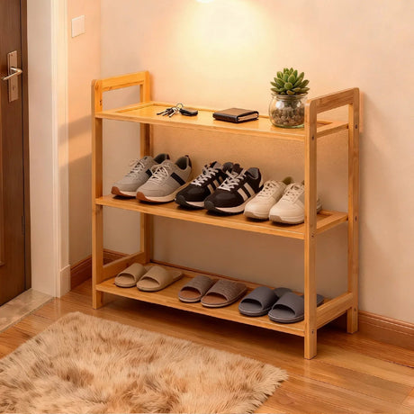 3 Tier Bamboo Shoe Rack – Natural Wooden Shoe Organizer Stand - Wooden Shoe Rack - Hurbane Home