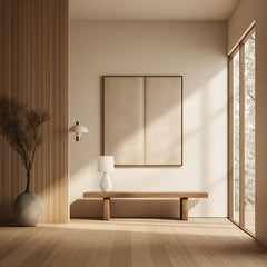 Small white ceramic table lamp on a wooden bench in a minimalist hallway