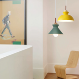 Wide dome pendant shade in a soft colourway with a natural wood collar
