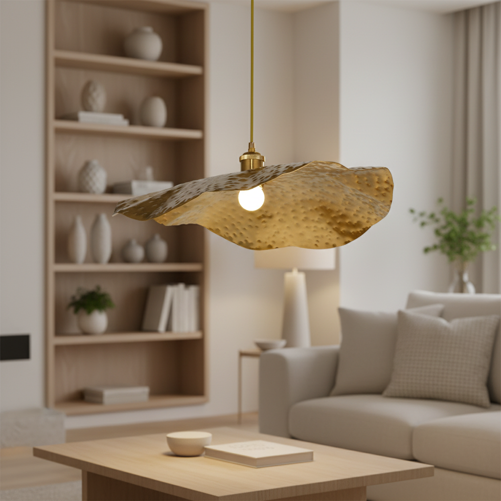 Modern Gold Lotus Leaf Pendant Light - Hammered Iron Shade