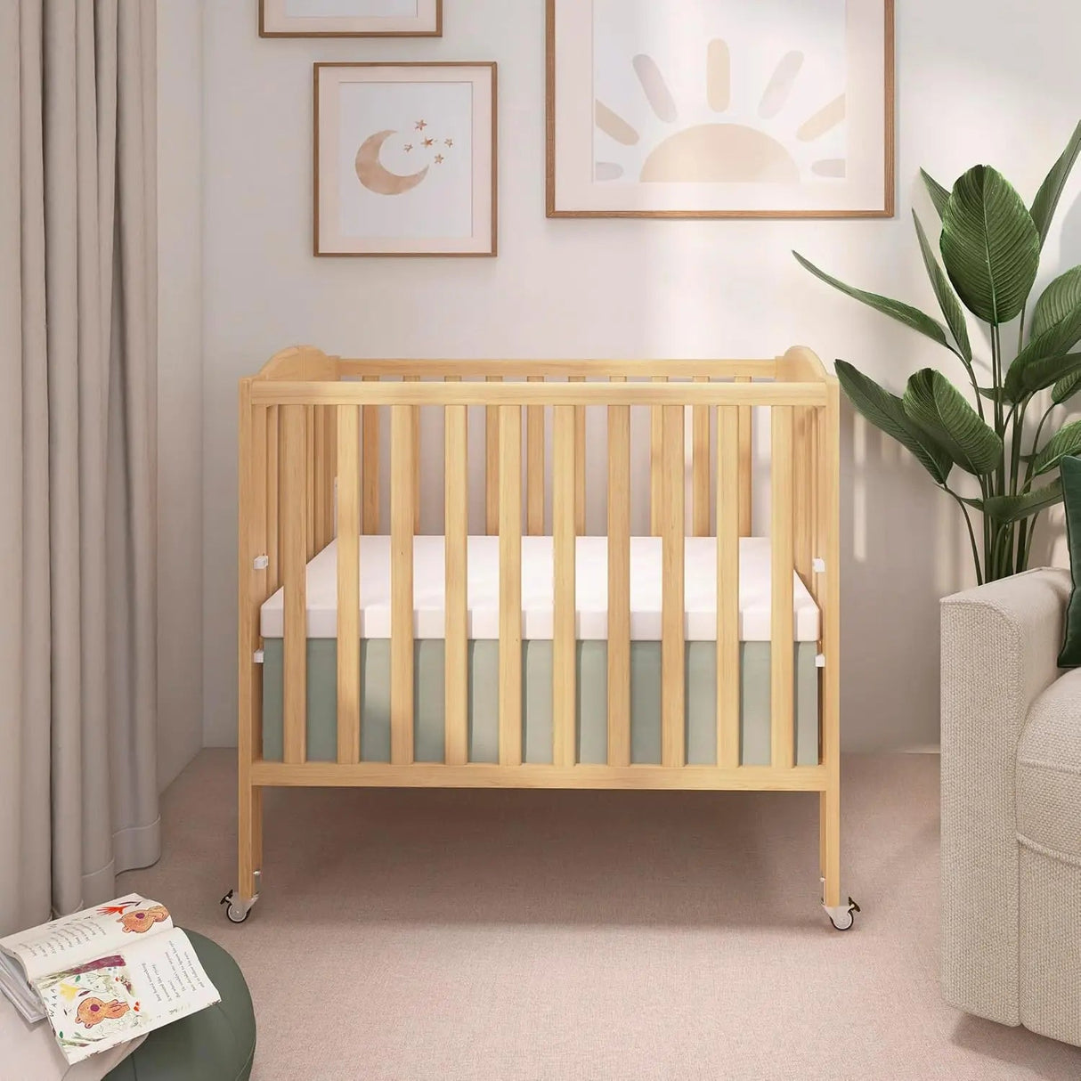 4 in 1 Convertible Wooden Baby Crib with Wheels - Compact, Portable Design - Wooden Baby Crib - Hurbane Home