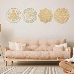 4 Piece Wall Art – Sacred Geometry Wooden Crystal Grid Set - Hurbane Home