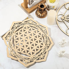 4 Piece Wall Art – Sacred Geometry Wooden Crystal Grid Set - Hurbane Home