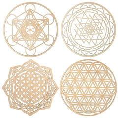 4 Piece Wall Art – Sacred Geometry Wooden Crystal Grid Set - Hurbane Home