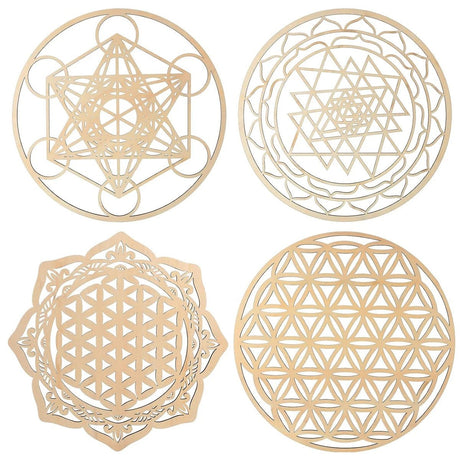 4 Piece Wall Art – Sacred Geometry Wooden Crystal Grid Set - Hurbane Home