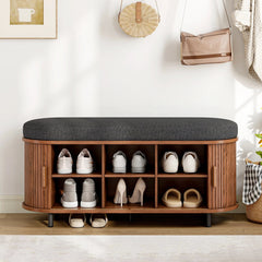 43.3 Inch 3 - Tier Shoe Storage Bench, Cushion and Tambour Door - Entryway Storage Bench - Hurbane Home
