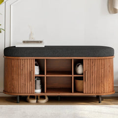 43.3 Inch 3 - Tier Shoe Storage Bench, Cushion and Tambour Door - Entryway Storage Bench - Hurbane Home