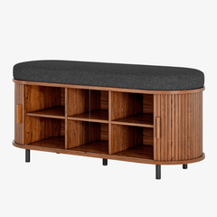43.3 Inch 3 - Tier Shoe Storage Bench, Cushion and Tambour Door - Entryway Storage Bench - Hurbane Home