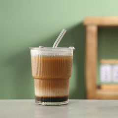450ml Striped Glass Cup with Lid and Straw, Clear - Hurbane Home
