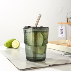450ml Striped Glass Cup with Lid and Straw, Clear - Hurbane Home