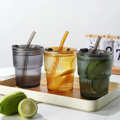 450ml Striped Glass Cup with Lid and Straw, Clear - Hurbane Home