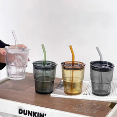 450ml Striped Glass Cup with Lid and Straw, Clear - Hurbane Home