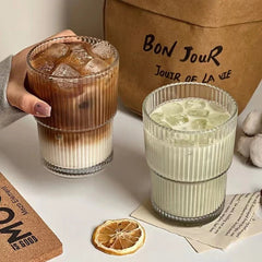 450ml Striped Glass Cup with Lid and Straw, Clear - Hurbane Home