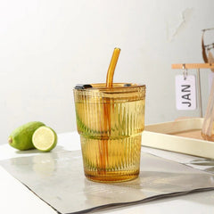 450ml Striped Glass Cup with Lid and Straw, Clear - Hurbane Home