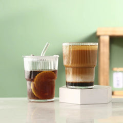 450ml Striped Glass Cup with Lid and Straw, Clear - Hurbane Home