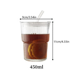 450ml Striped Glass Cup with Lid and Straw, Clear - Hurbane Home