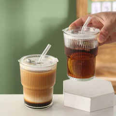 450ml Striped Glass Cup with Lid and Straw, Clear - Hurbane Home