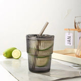 450ml Striped Glass Cup with Lid and Straw, Clear - Hurbane Home