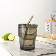 450ml Striped Glass Cup with Lid and Straw, Clear - Hurbane Home