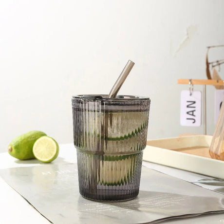 450ml Striped Glass Cup with Lid and Straw, Clear - Hurbane Home