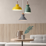 Bell shaped metal pendant light in a soft muted colour with wood top accent