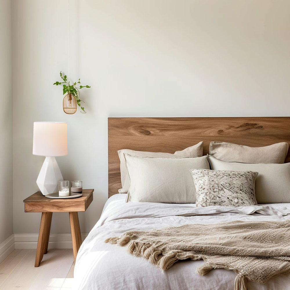 White ceramic bedside table lamp on a timber nightstand next to a bed