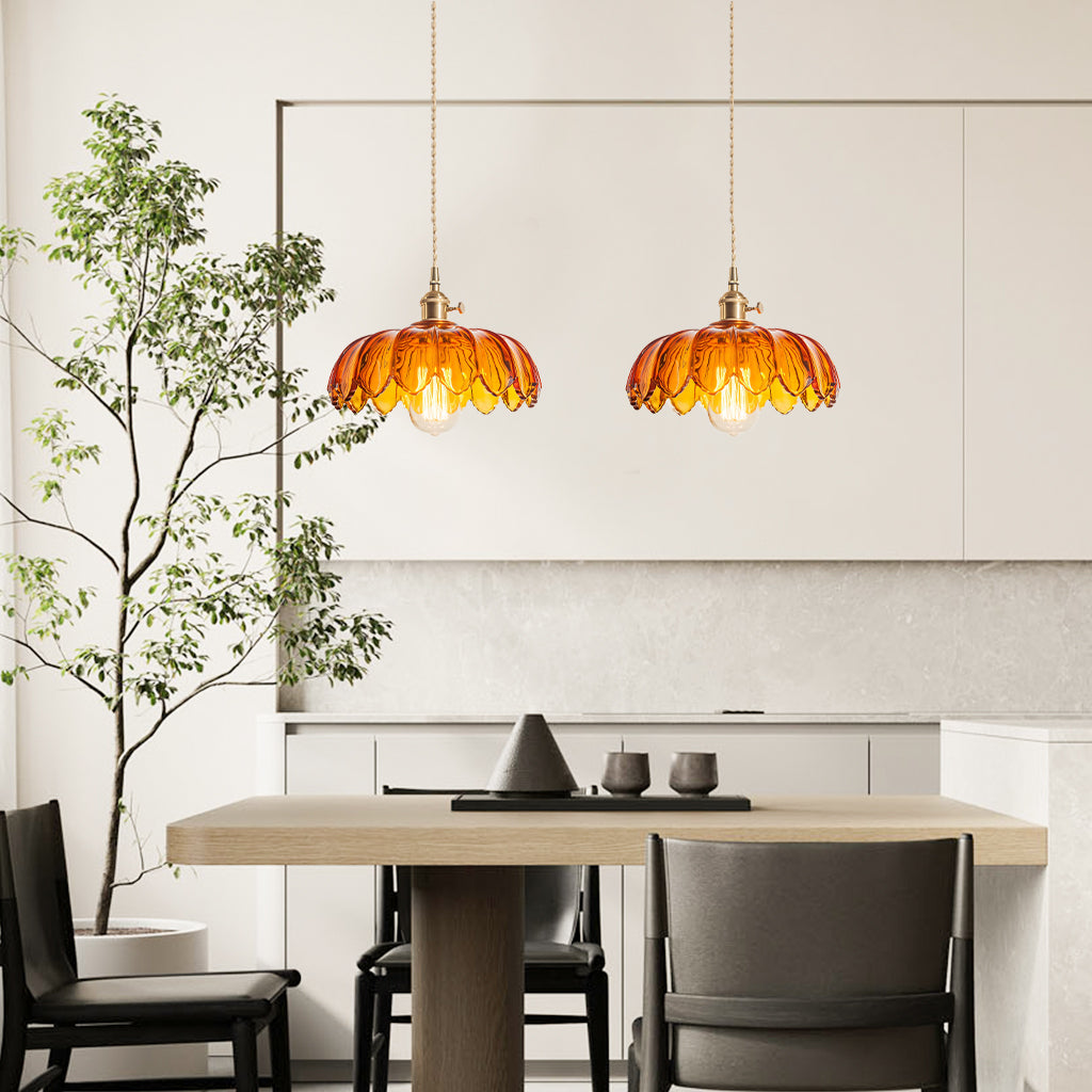 Fay Rustic Tulip Glass Pendant Light Retro Flower Bud Brass