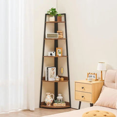 5 Tier Corner Bookshelf – Metal Frame Wood Shelves - Hurbane Home