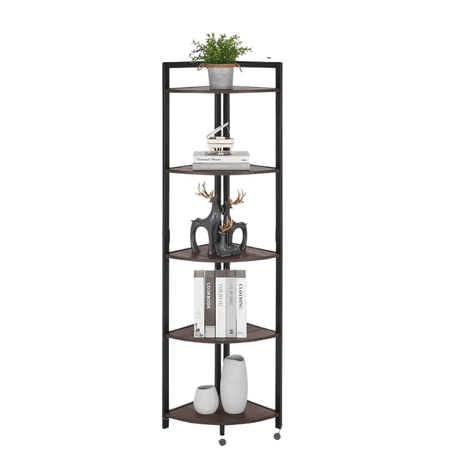 5 - Tier Rustic Industrial Bookshelf Walnut Wood and Metal Shelving - Hurbane Home