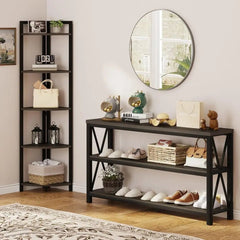 5 - Tier Rustic Industrial Bookshelf Walnut Wood and Metal Shelving - Hurbane Home