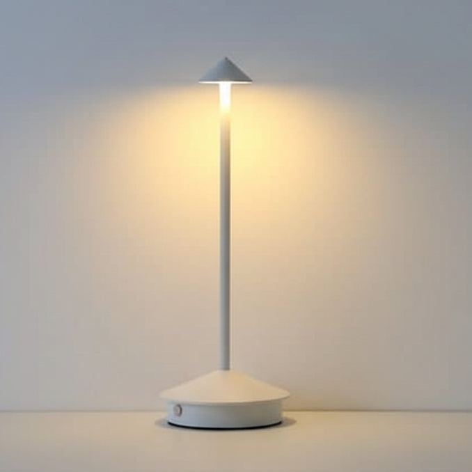 Gold finish cordless LED table lamp with cone-shaped top shade