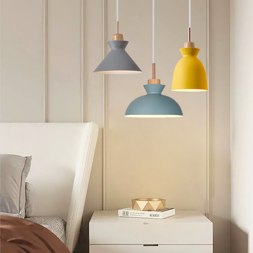 Tapered cone pendant shade in a modern matte finish with warm wood detail
