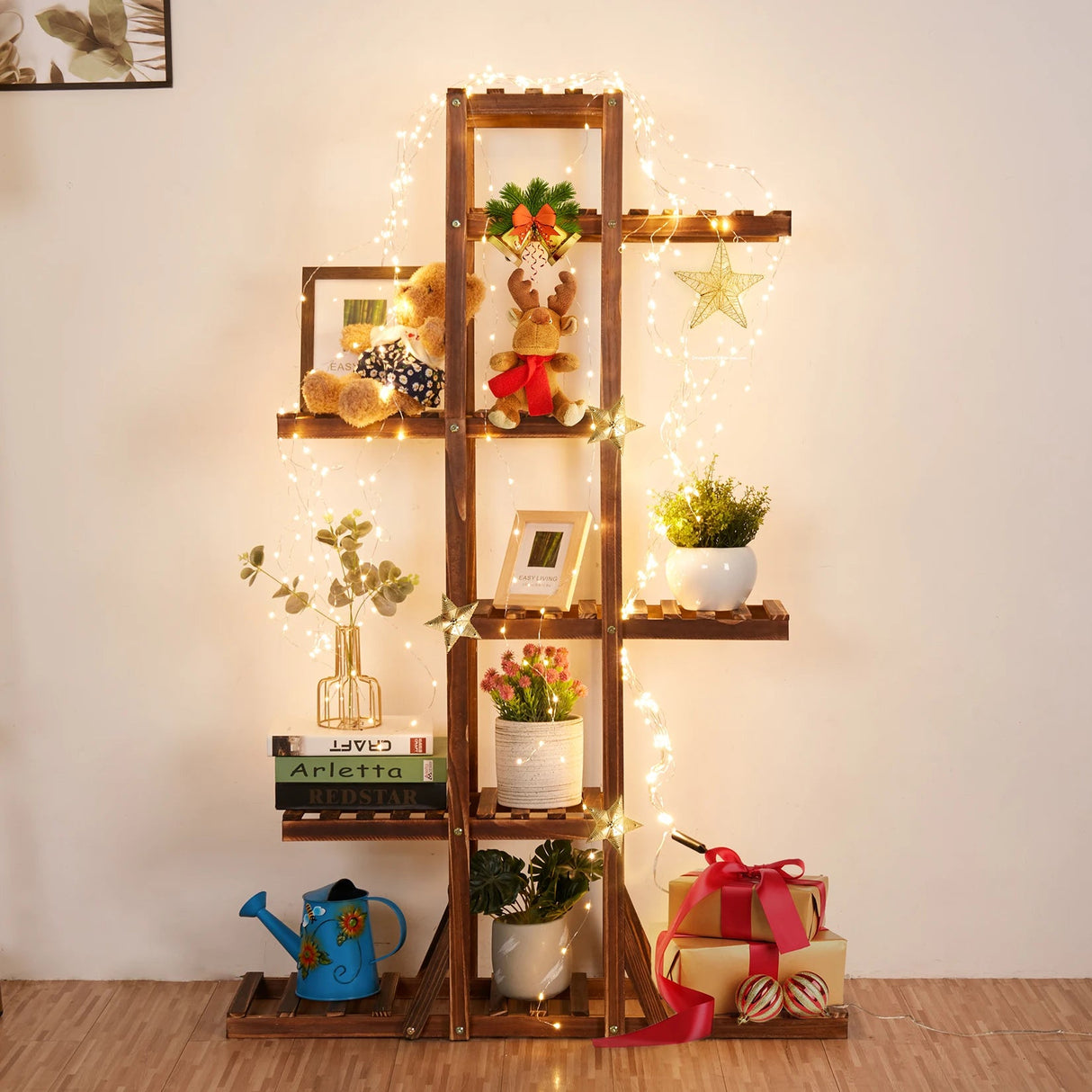 6 Tier Plant Stand - Rustic Wooden Flower Display Rack Indoor - Hurbane Home