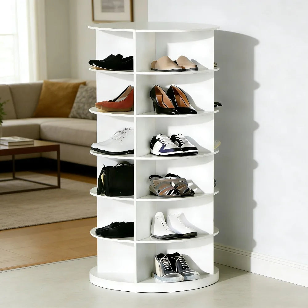 6 Tier Rotating Shoe Rack – 24 Pairs Spinning Tower Organizer White.