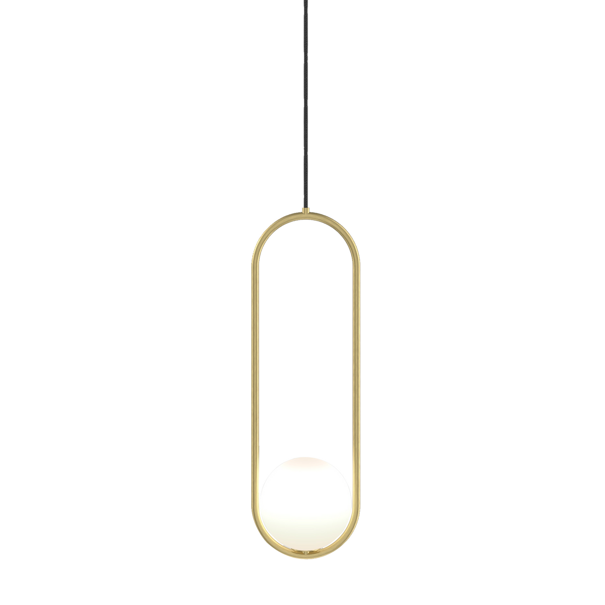 Tall gold oval frame glass globe pendant shown on a plain white studio background