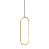 Tall gold oval frame glass globe pendant shown on a plain white studio background