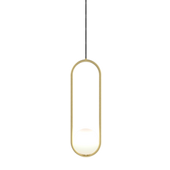 Tall gold oval frame glass globe pendant shown on a plain white studio background