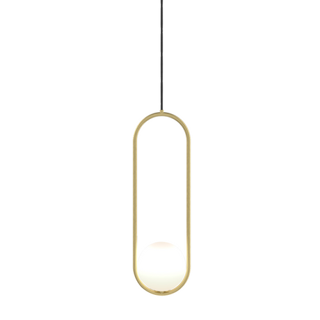 Tall gold oval frame glass globe pendant shown on a plain white studio background