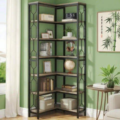 7 Tier Bookshelf – Industrial Metal Corner Storage Rack - Hurbane Home