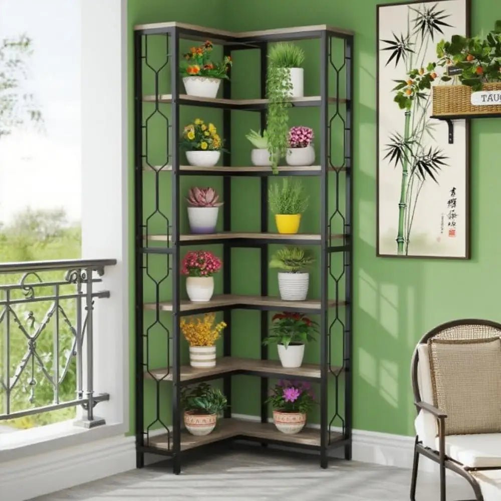 7 Tier Bookshelf – Industrial Metal Corner Storage Rack - Hurbane Home