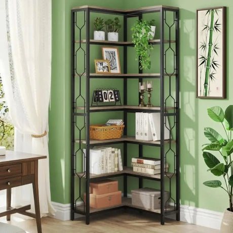 7 Tier Bookshelf – Industrial Metal Corner Storage Rack - Hurbane Home