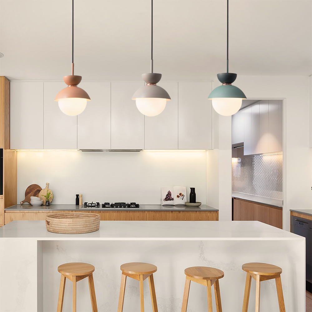 Dark blue macaron pendant light with frosted glass globe diffuser