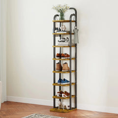 8 Tier Vertical Shoe Rack – Tall Narrow Organizer with Hooks - Hurbane Home