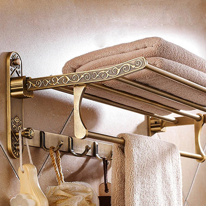 Antique Brass Aluminum Foldable Double Towel Rack with Hooks