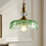 Retro glass flower pendant light with scalloped shade and brass fitting