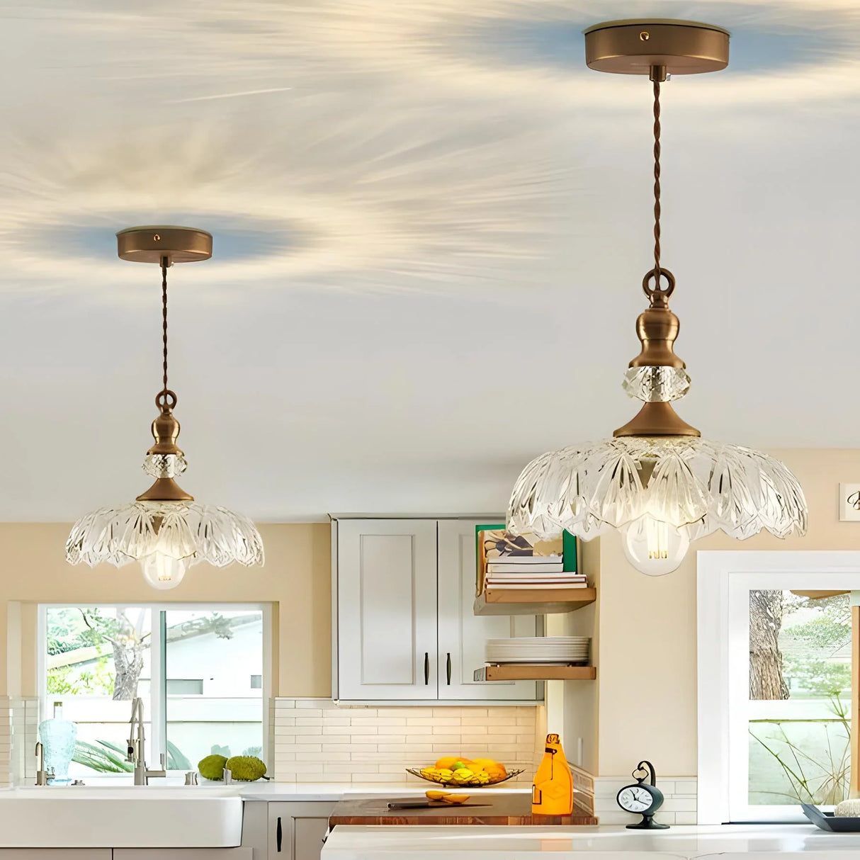 Retro glass flower pendant light shown at an angle to reveal the shade depth