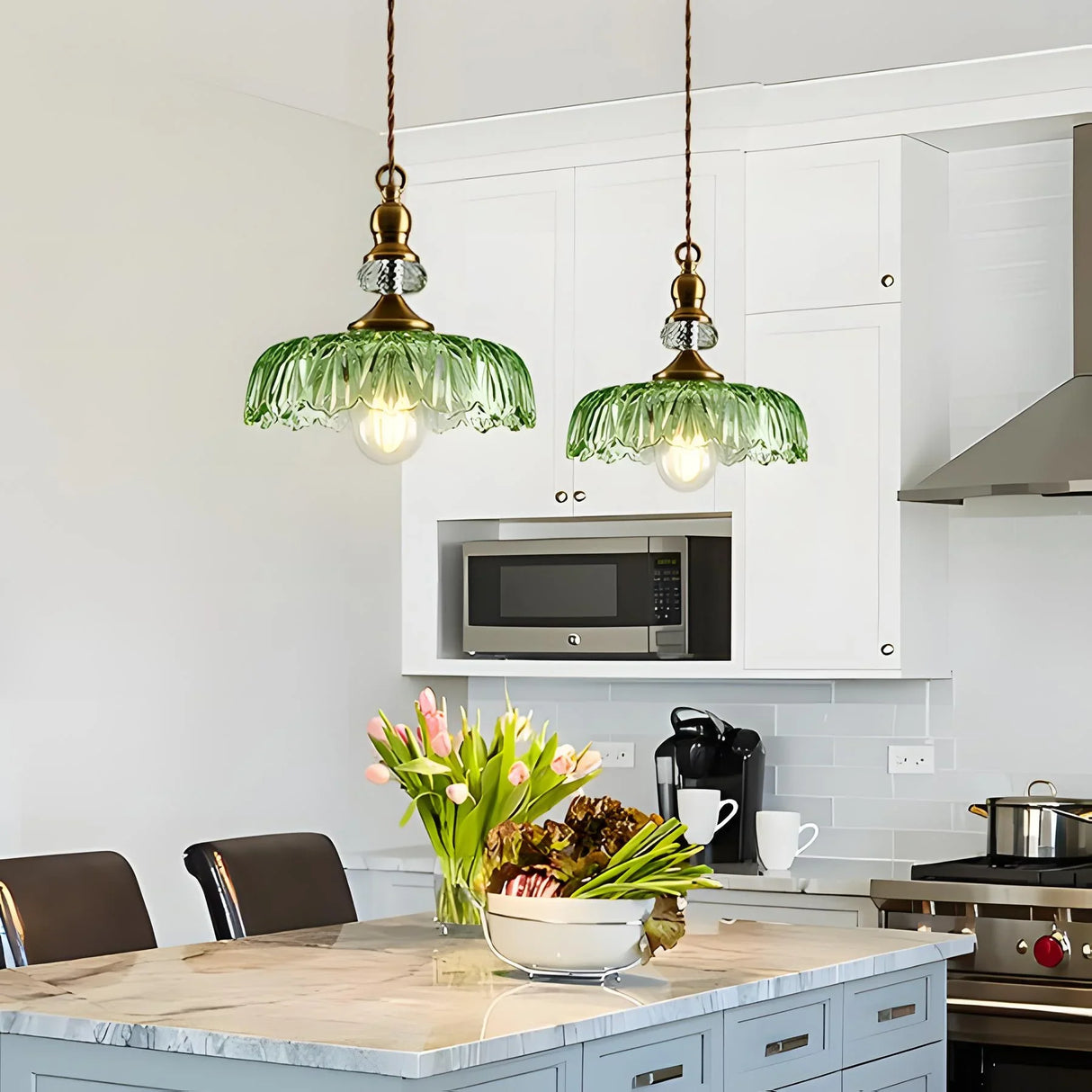 Ribbed glass flower shade lit to show its floral cut pattern